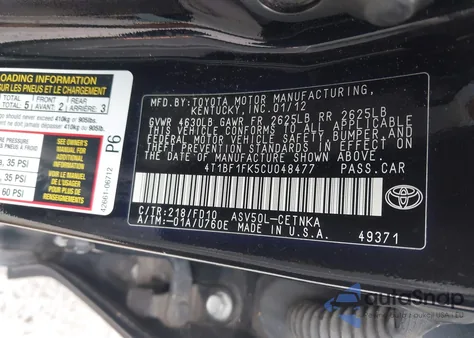 2012 Toyota Camry Le from USA, damaged, VIN 4T1BF1FK5CU048477